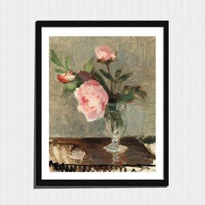 Art Print, Pink Roses Brown Table Victorian Still-Life Painting